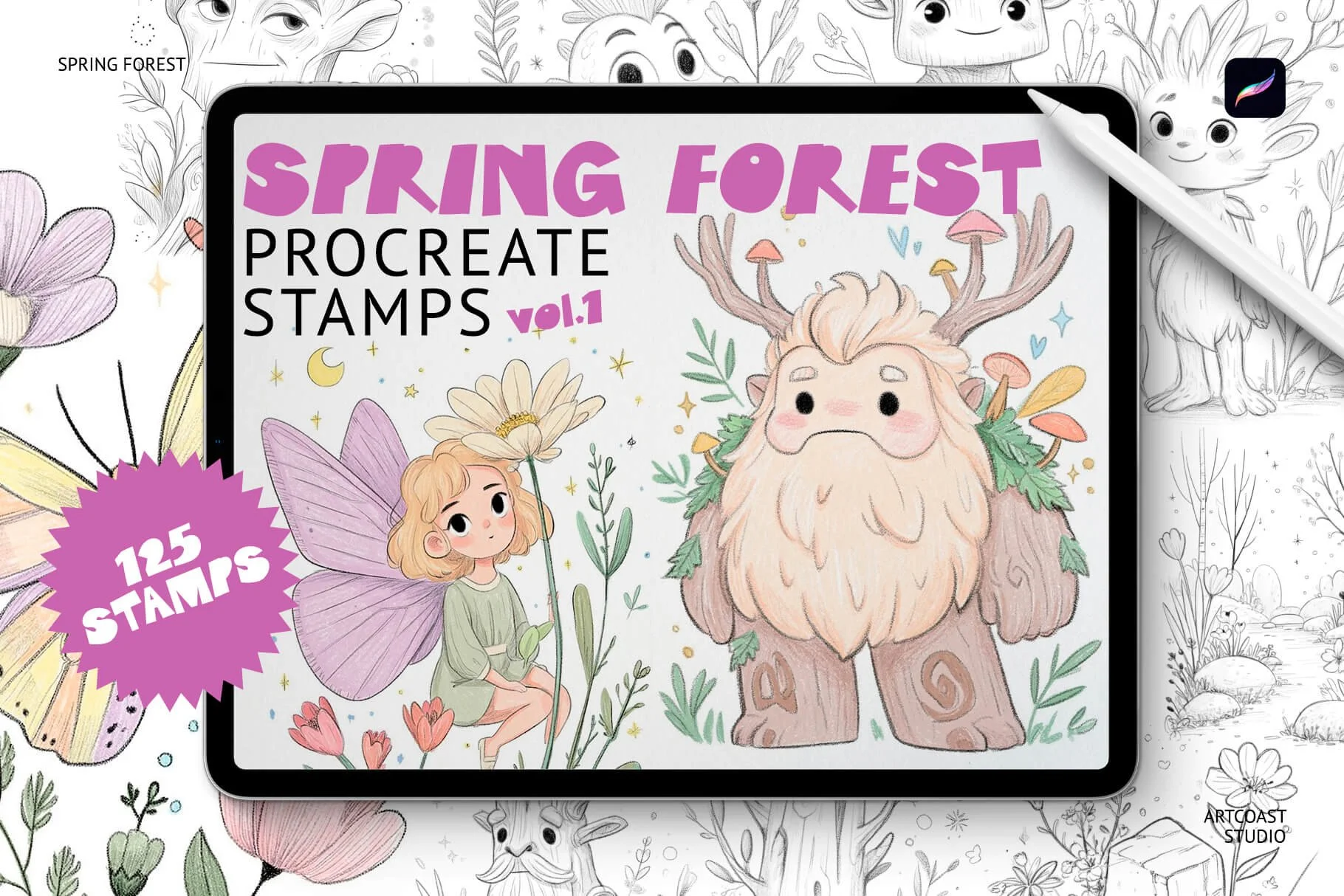 Download 125 whimsical Procreate stamps with fairies, deer, flowers, mushrooms, and woodland elements. Perfect for cute illustrations, stickers, posters, and magical spring artwork.