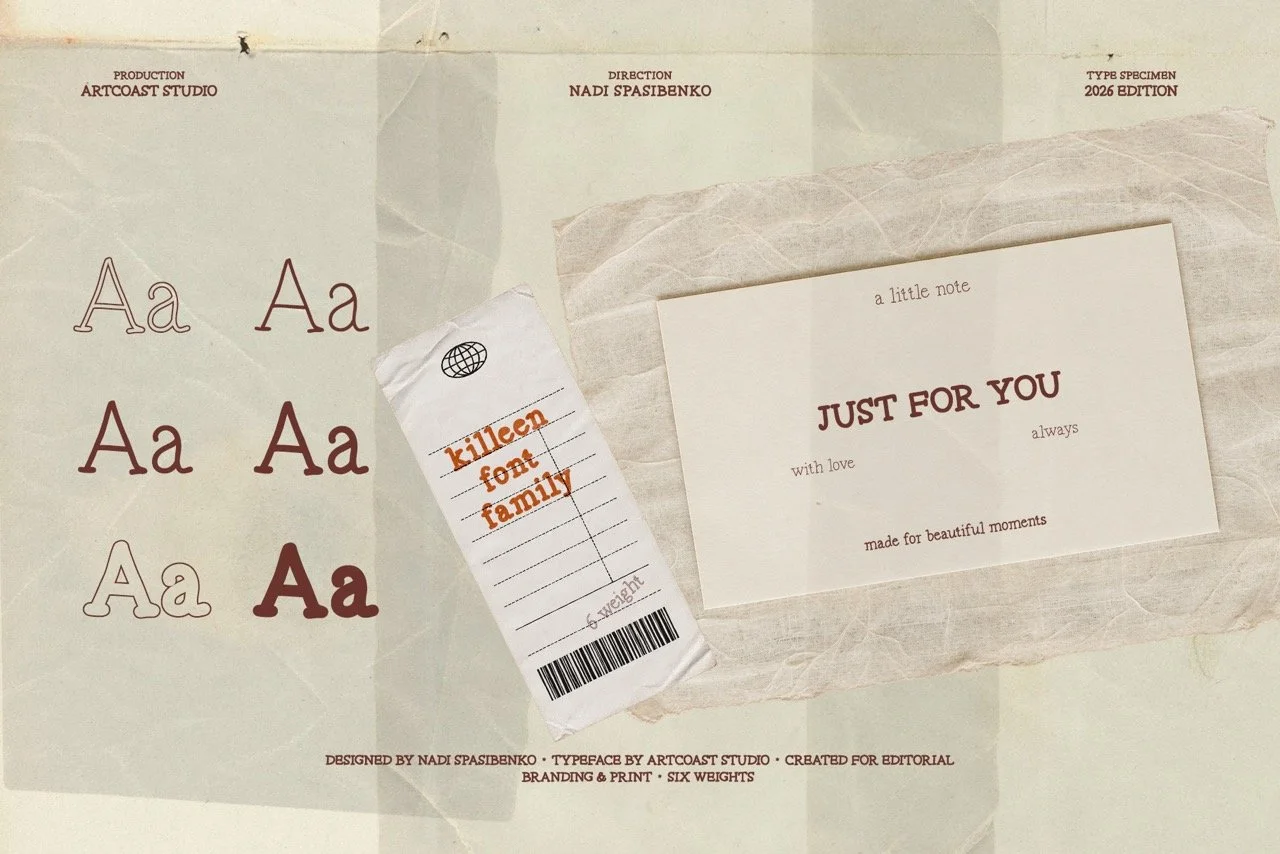 Killeen font on elegant gift packaging, label, and thank-you card