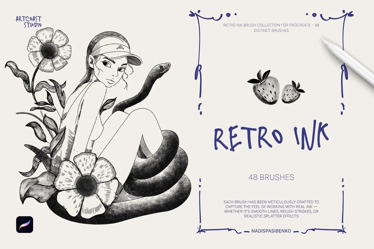 48 Retro Ink Brushes for Procreate