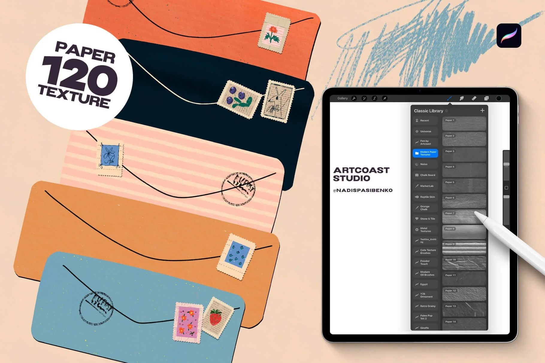 Modern Paper – 120 Seamless Paper Textures + 13 Chalk Brushes for Procreate