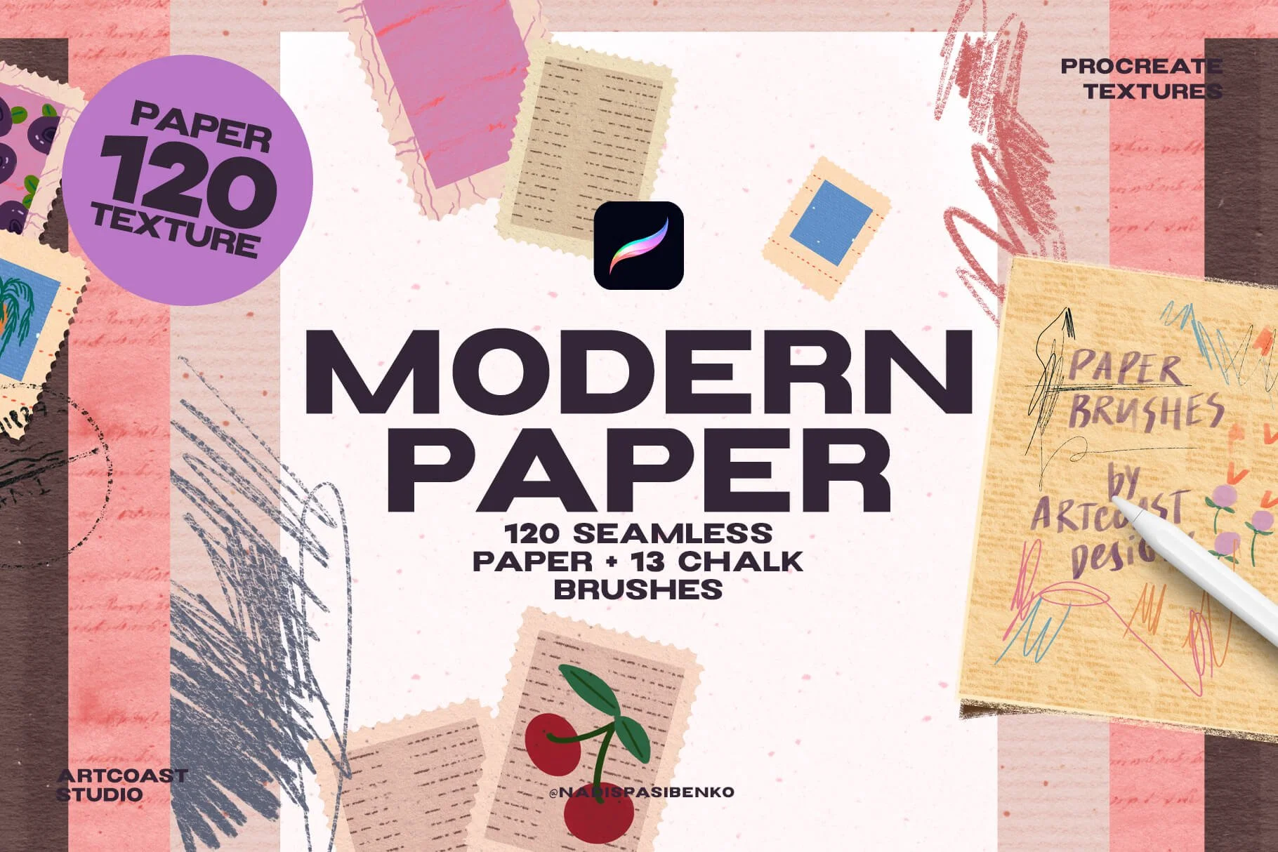 Modern Paper – 120 Seamless Paper Textures + 13 Chalk Brushes for Procreate