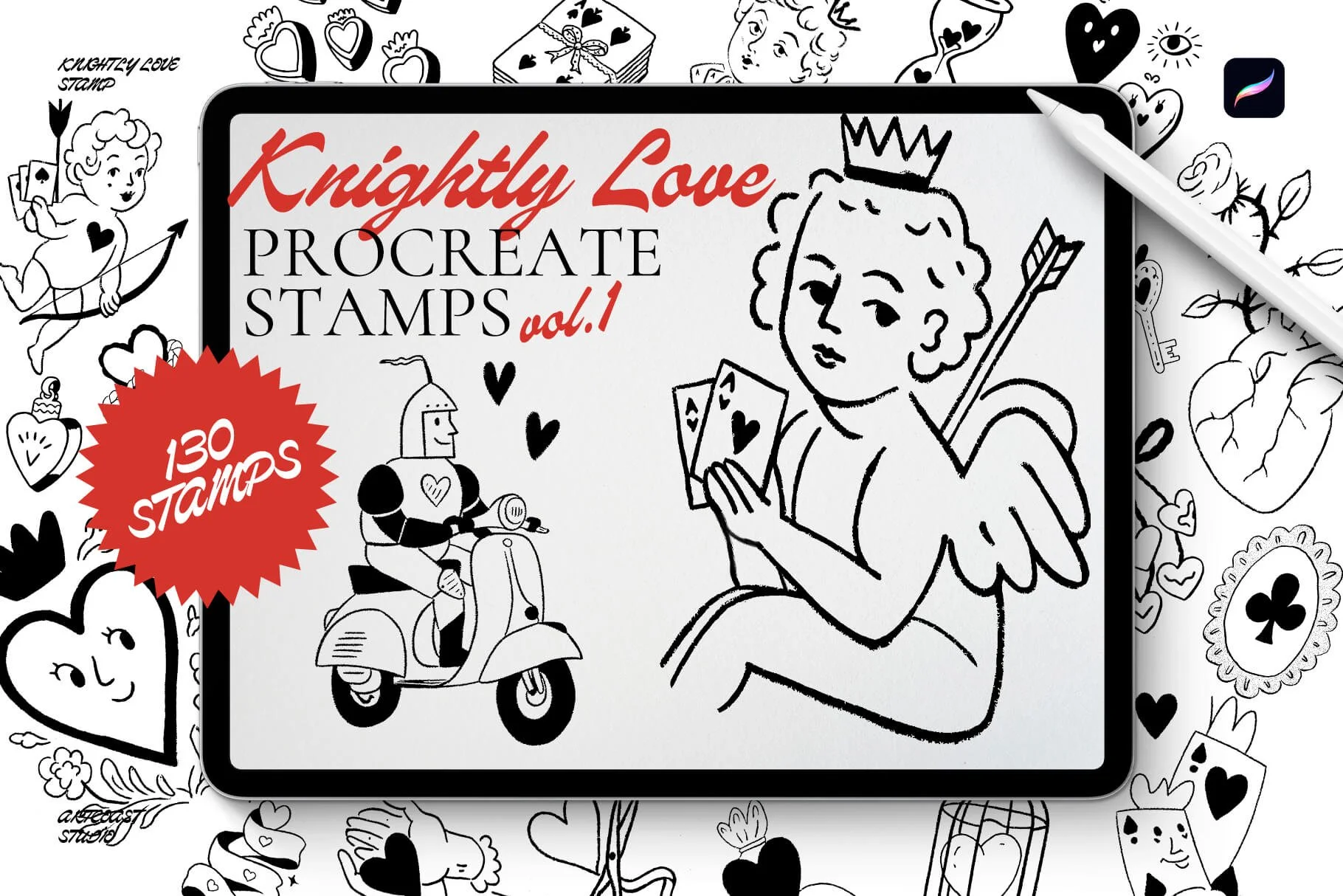 Knightly Love Procreate Stamps Vol. 1 featuring 130 romantic hand-drawn stamps for Procreate with hearts, cupids, knights, bows, and vintage love elements.