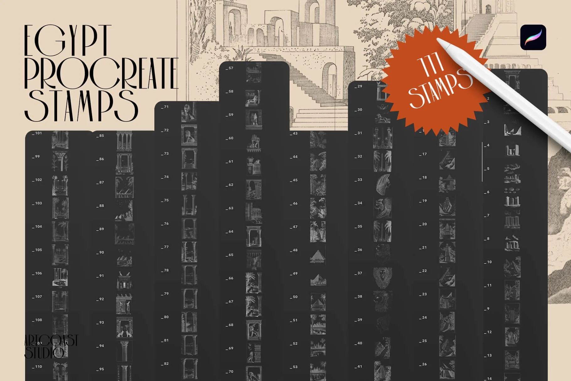 Egypt Procreate Stamps — 111 Fine Line Brushes