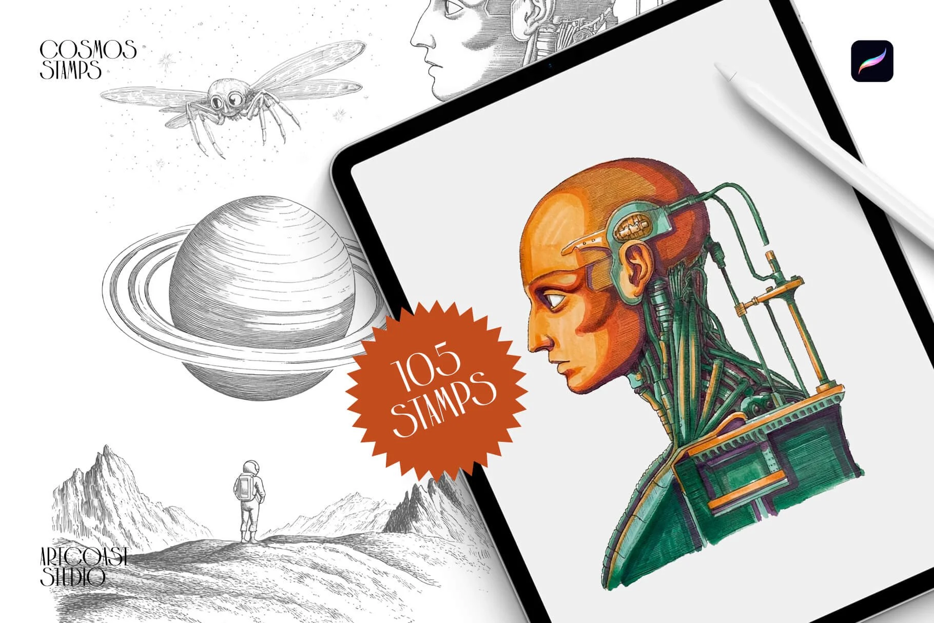 cosmos, procreate stamps, sci fi stamps, retro sci fi, space stamps, alien, astronaut, planets, spacecraft, surreal, futuristic, digital art