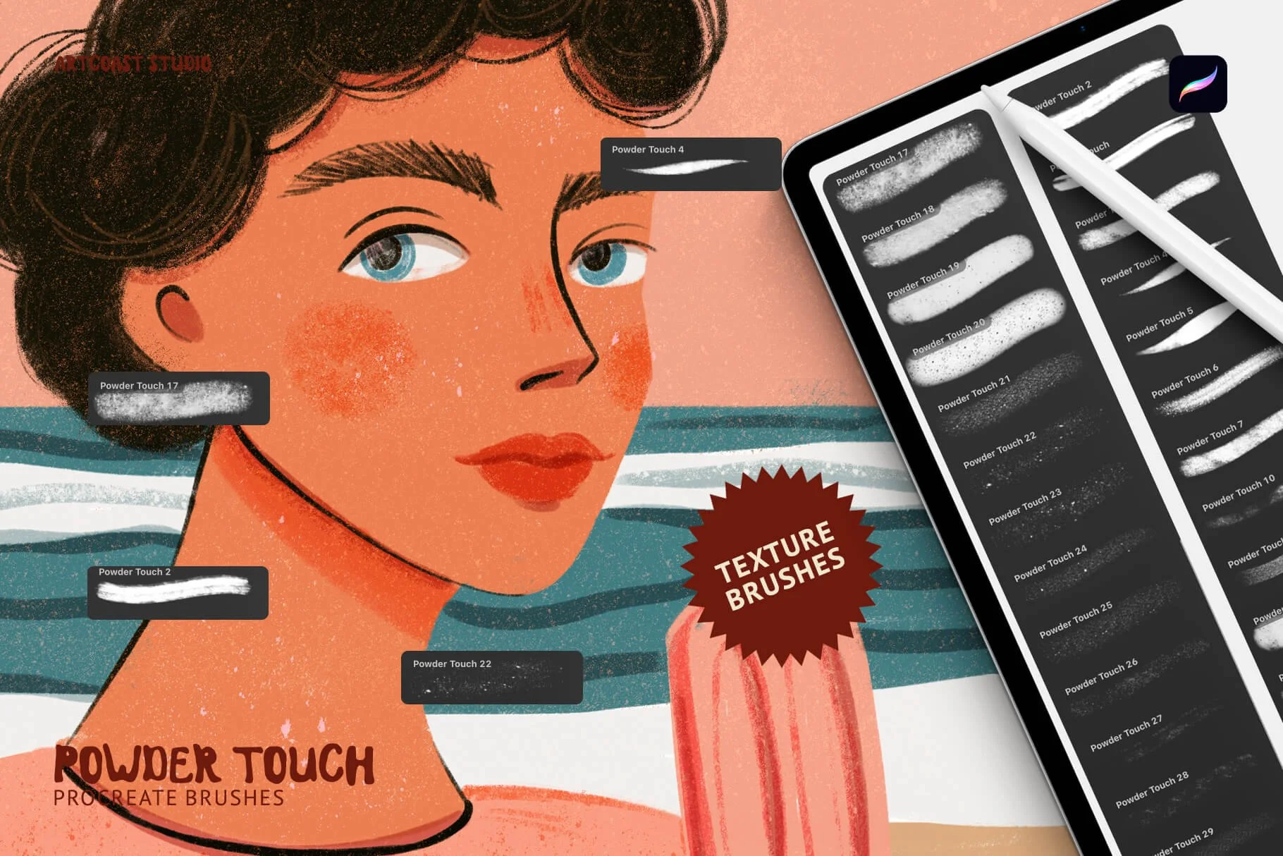 Procreate texture brushes, grainy brushes, digital illustration tools, retro art style, grain shading, iPad art supplies, Artcoast Studio brushes