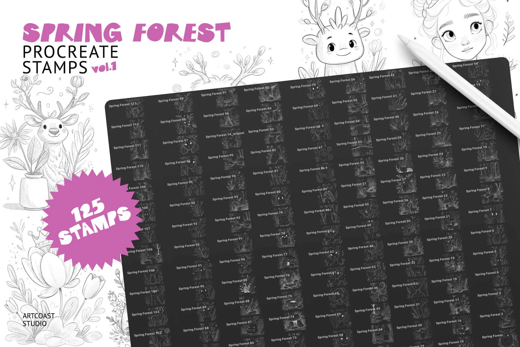 Download 125 whimsical Procreate stamps with fairies, deer, flowers, mushrooms, and woodland elements. Perfect for cute illustrations, stickers, posters, and magical spring artwork.