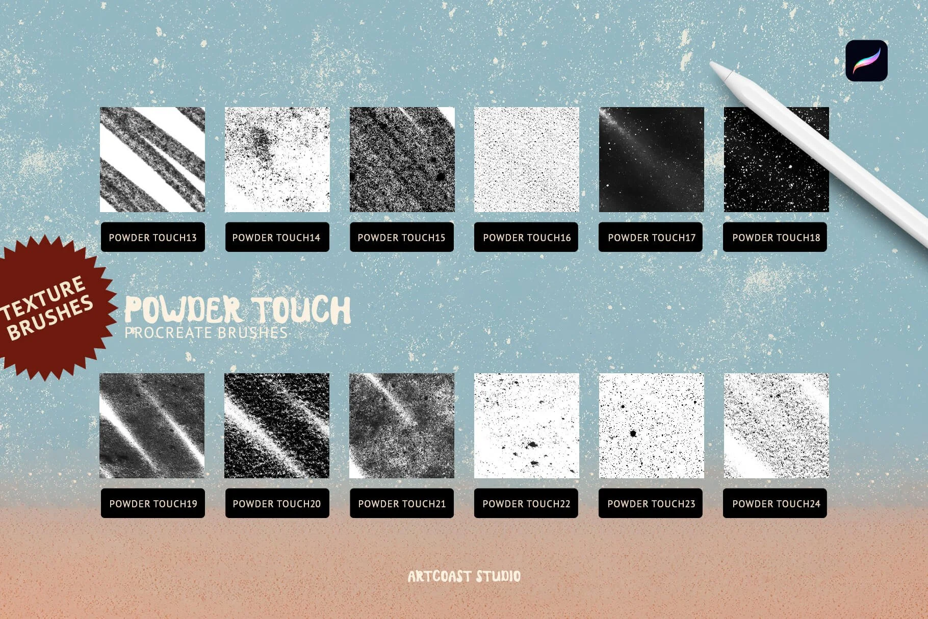 Procreate texture brushes, grainy brushes, digital illustration tools, retro art style, grain shading, iPad art supplies, Artcoast Studio brushes