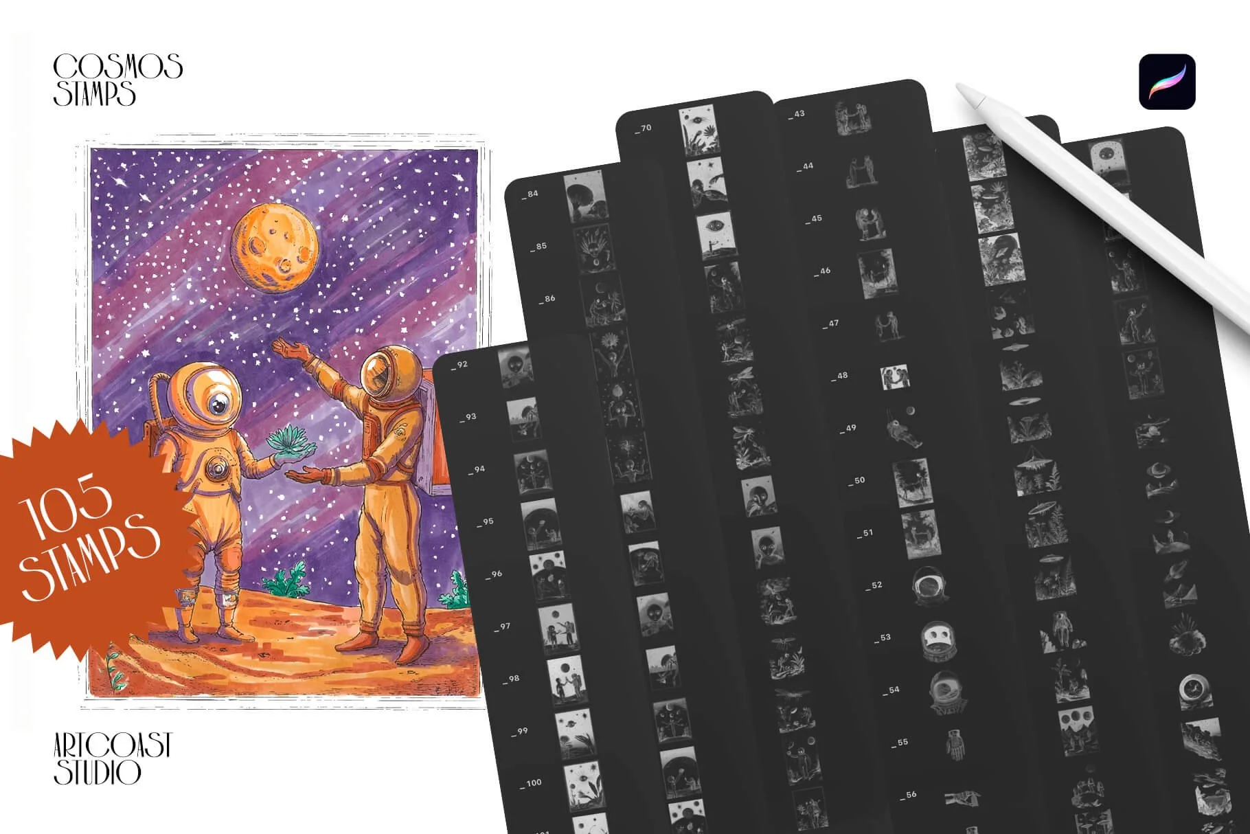 cosmos, procreate stamps, sci fi stamps, retro sci fi, space stamps, alien, astronaut, planets, spacecraft, surreal, futuristic, digital art