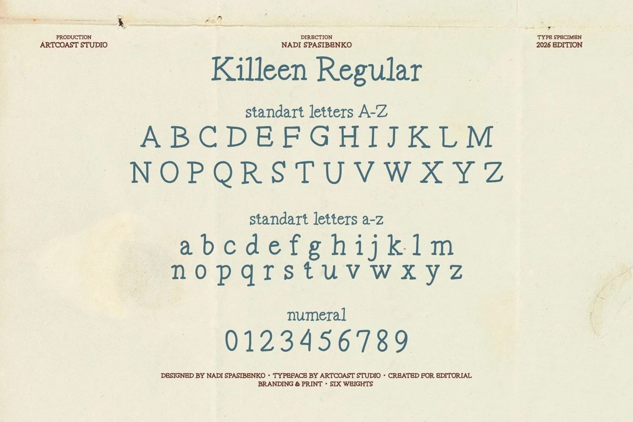 Killeen Regular vintage serif font alphabet and numerals