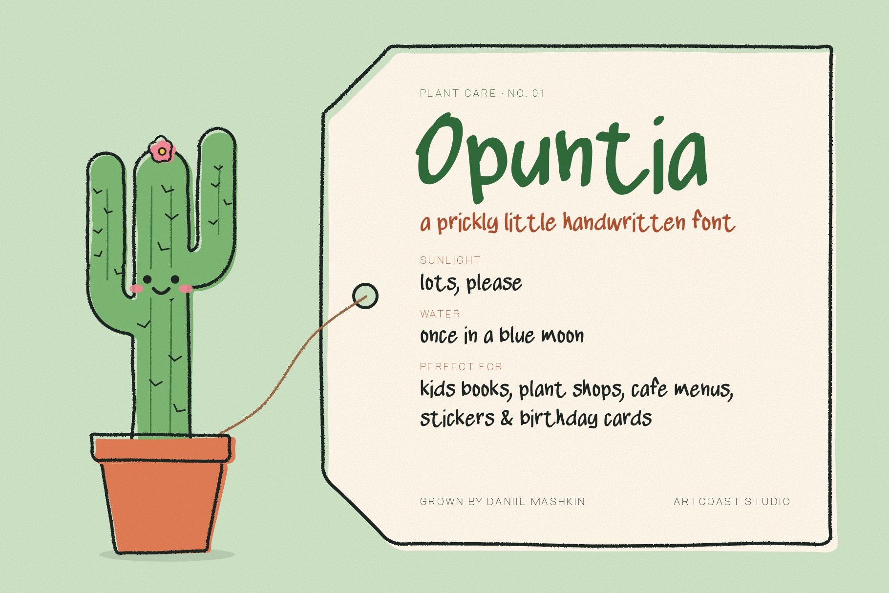 SA Opuntia font shown on a plant care tag next to a smiling potted saguaro cactus, with playful notes: "Sunlight: lots, please", "Water: once in a blue moon".