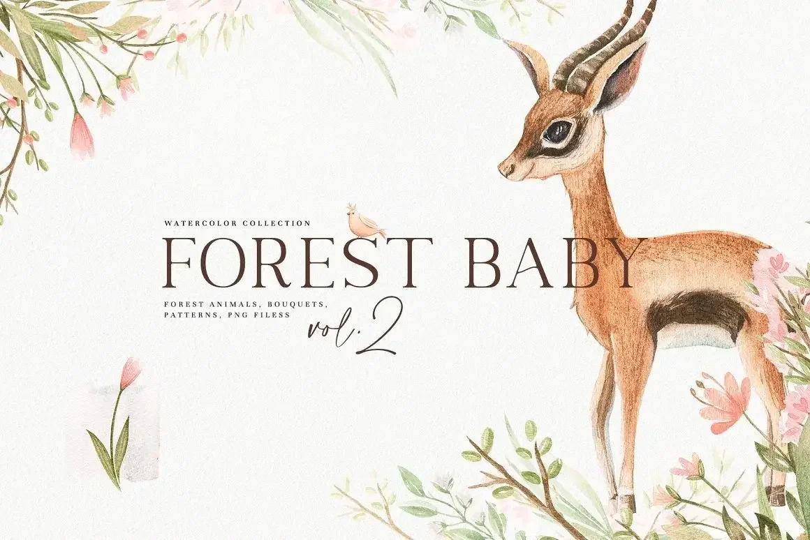 Forest Baby Vol. 2 | Whimsical Watercolor Animals & Floral Kit