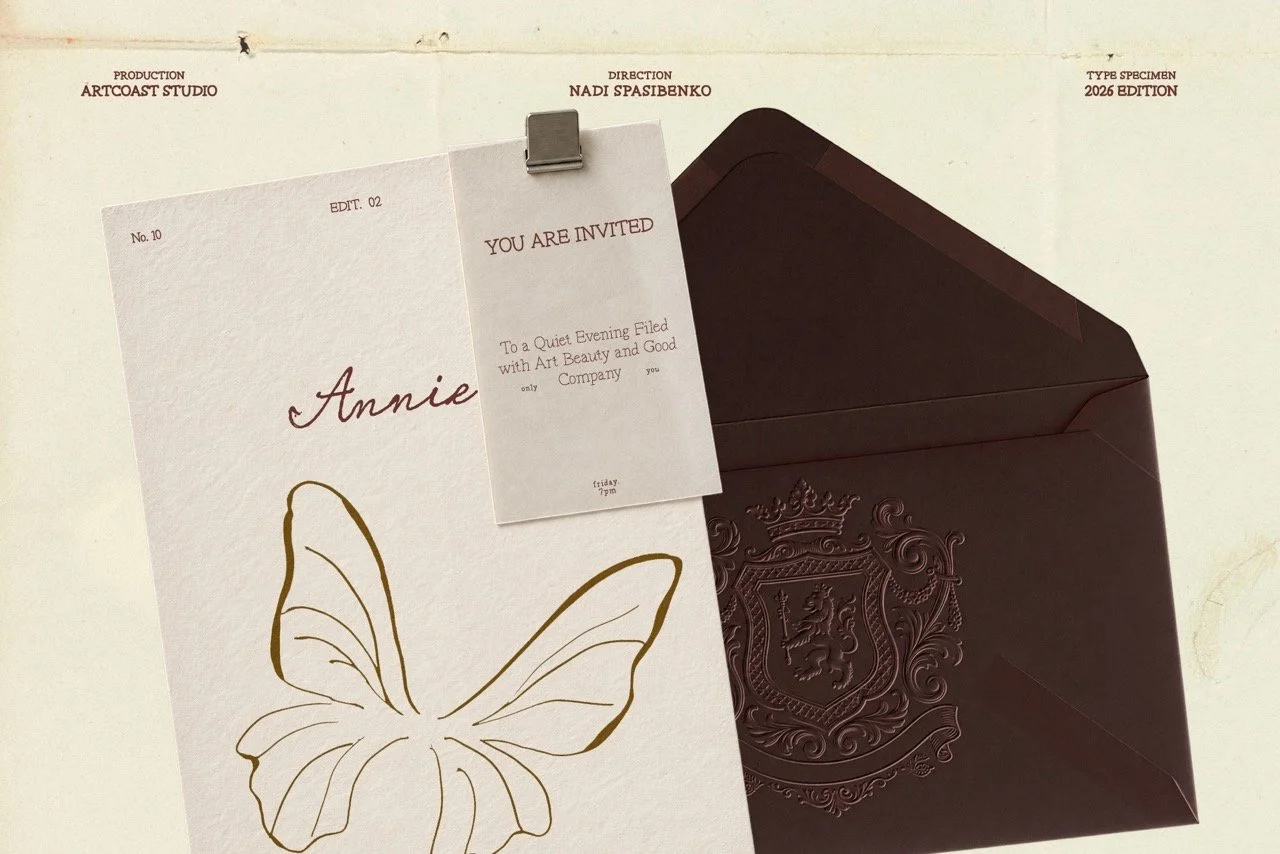 Killeen font on an elegant wedding invitation with butterfly illustration