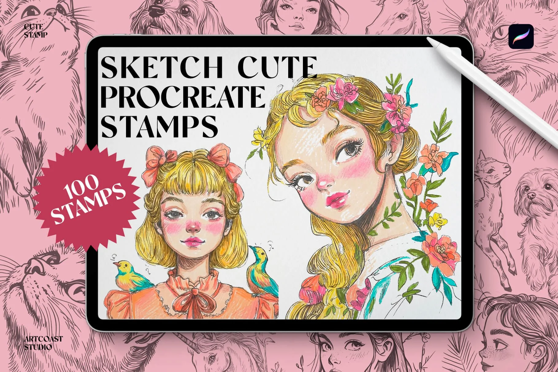Download 100 cute Procreate stamps with whimsical girls, animals, flowers, houses, and sketch-style elements. Perfect for cozy illustrations, posters, stickers, and creative digital art.