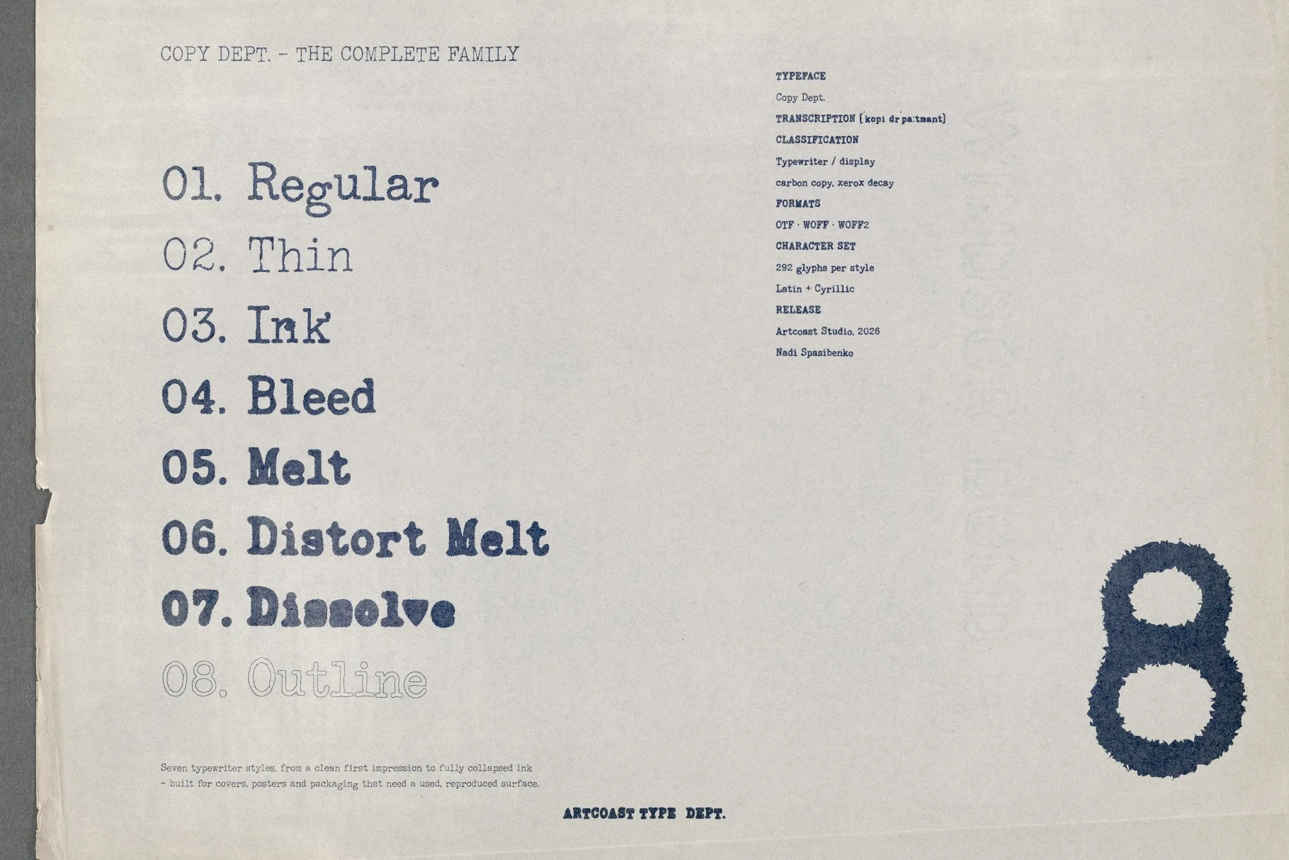 Copy Dept. font family, all 7 styles shown in one specimen