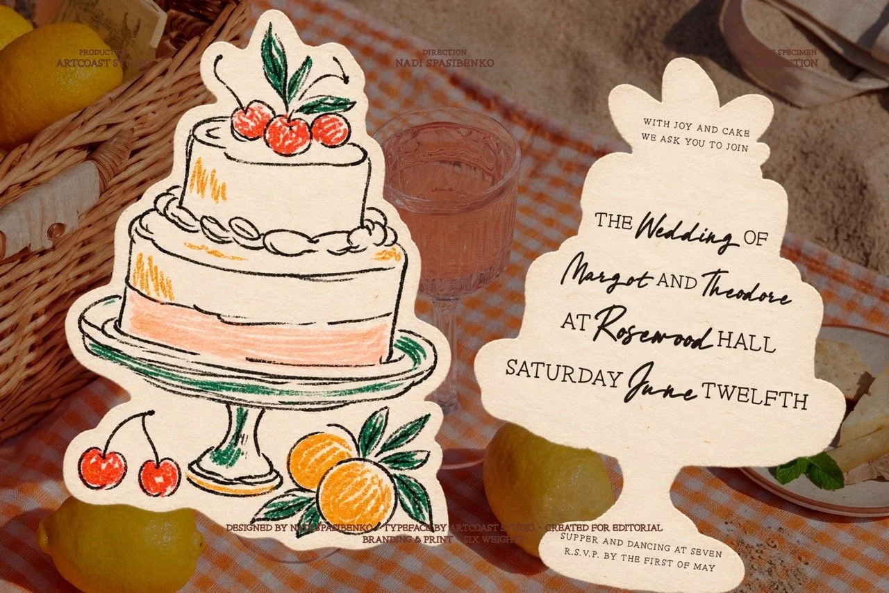 Killeen serif font used in vintage wedding stationery and cake artwork