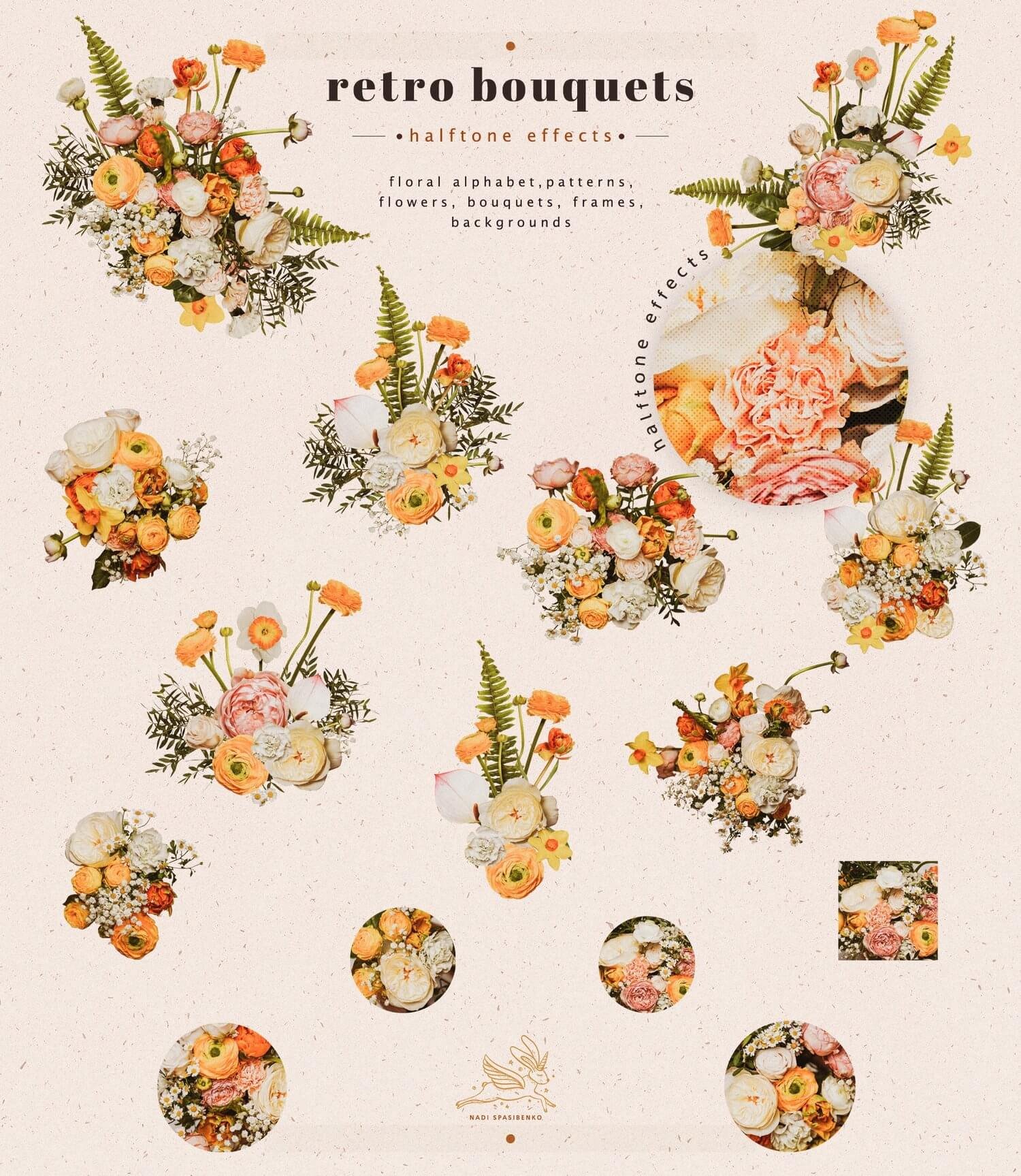 Vintage-Inspired Halftone Retro Floral Graphics