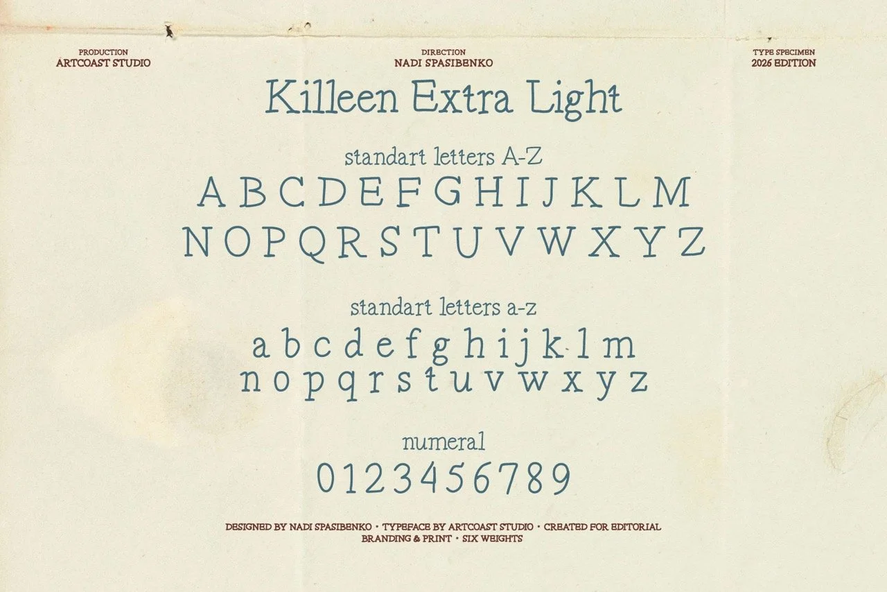 Killeen Extra Light serif font alphabet and numerals