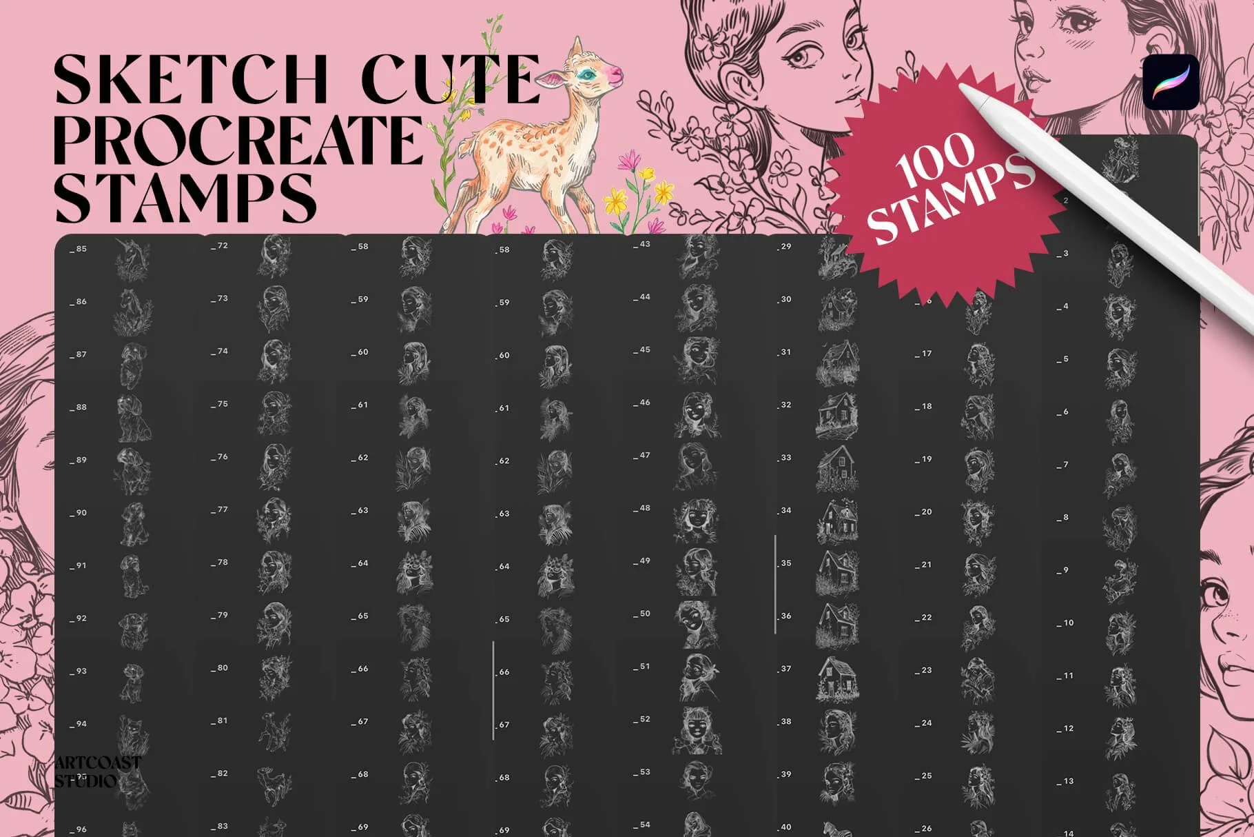 Download 100 cute Procreate stamps with whimsical girls, animals, flowers, houses, and sketch-style elements. Perfect for cozy illustrations, posters, stickers, and creative digital art.
