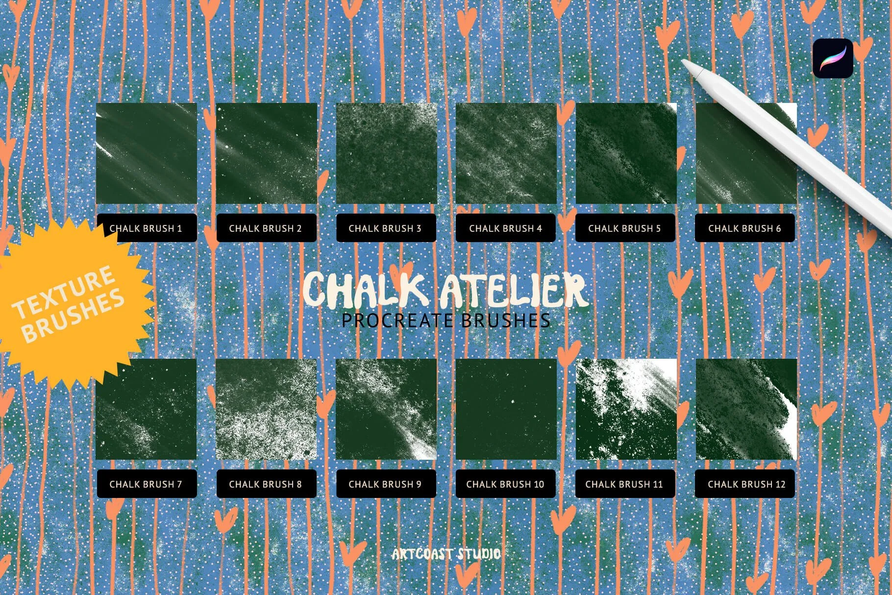 chalk brushes for Procreate, textured Procreate brushes, grainy brushes for Procreate, storybook brushes, whimsical Procreate brushes, dusty shading brushes, hand drawn Procreate brushes