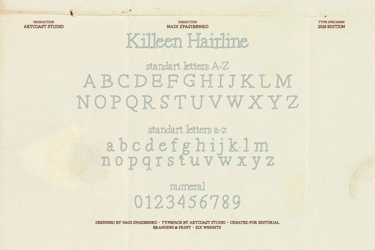 Killeen Hairline serif font alphabet and numerals