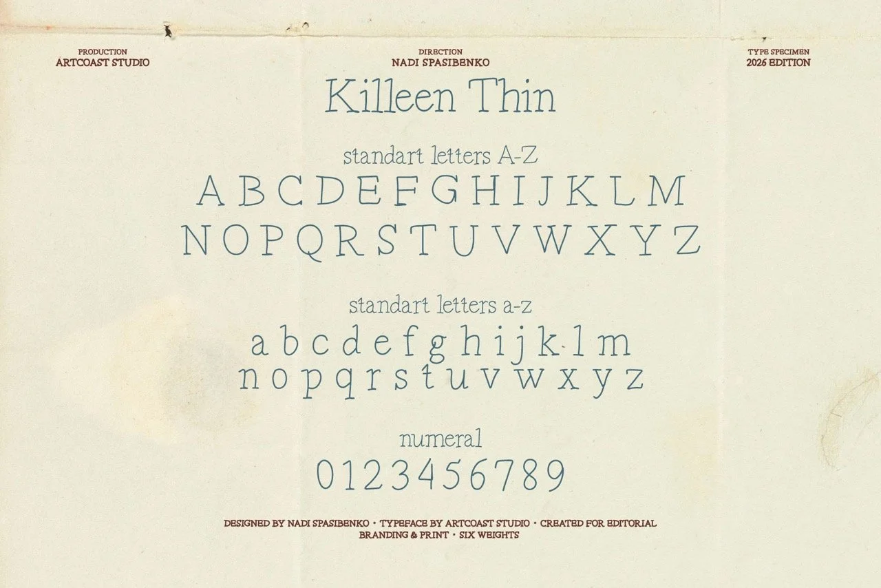 Killeen Thin serif font uppercase and lowercase character set