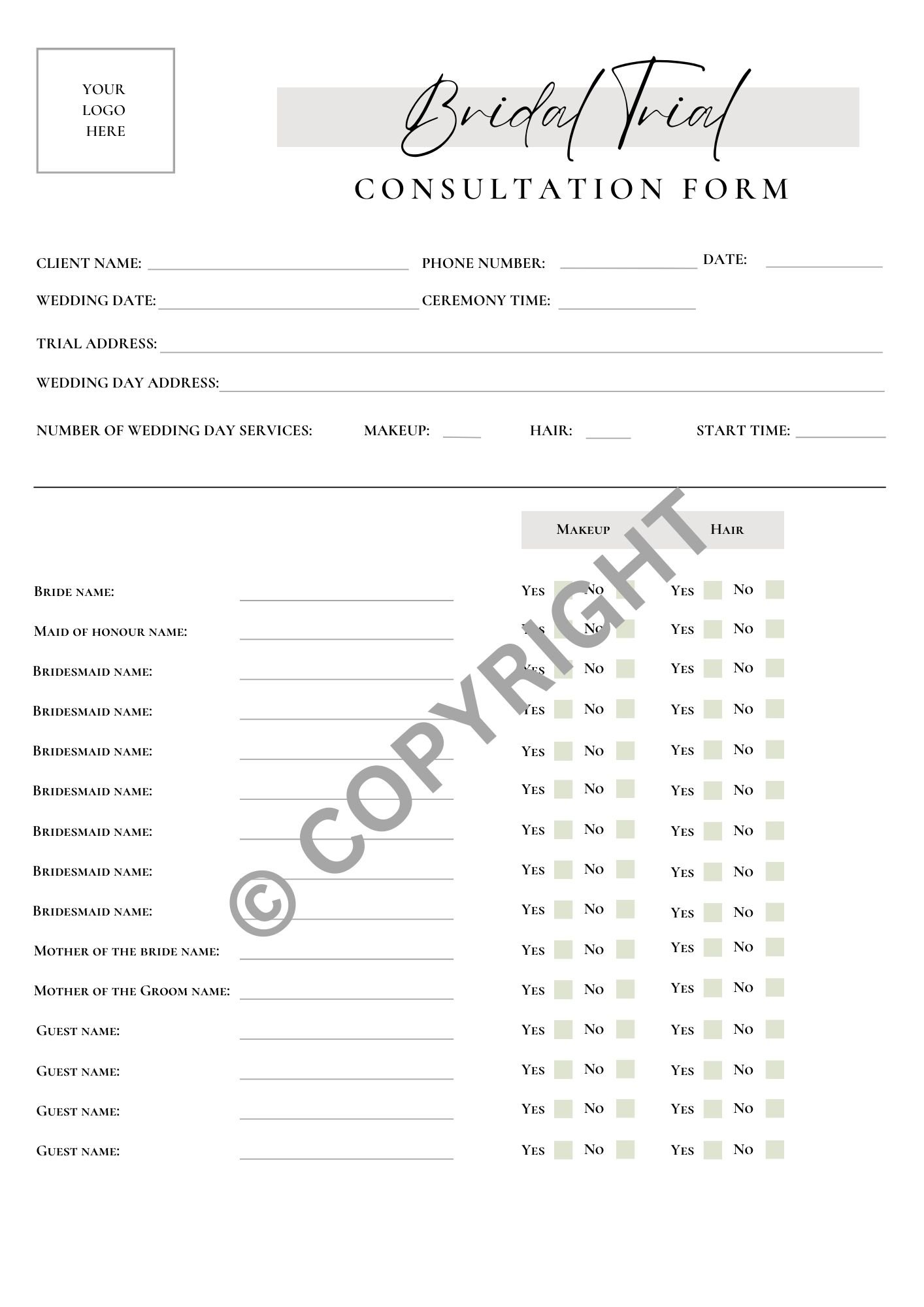 Bridal Trial Consultation Form For