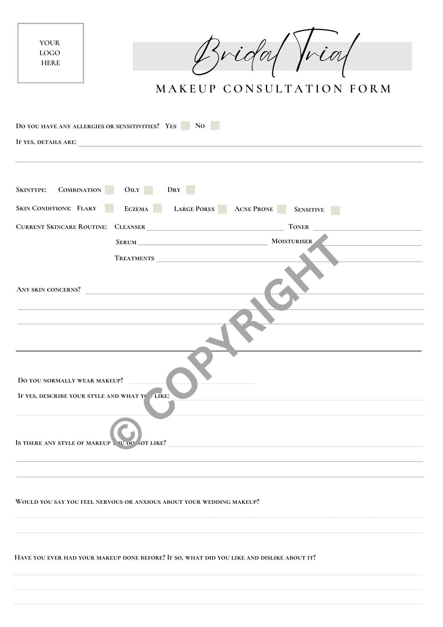 Bridal Trial Consultation Form For