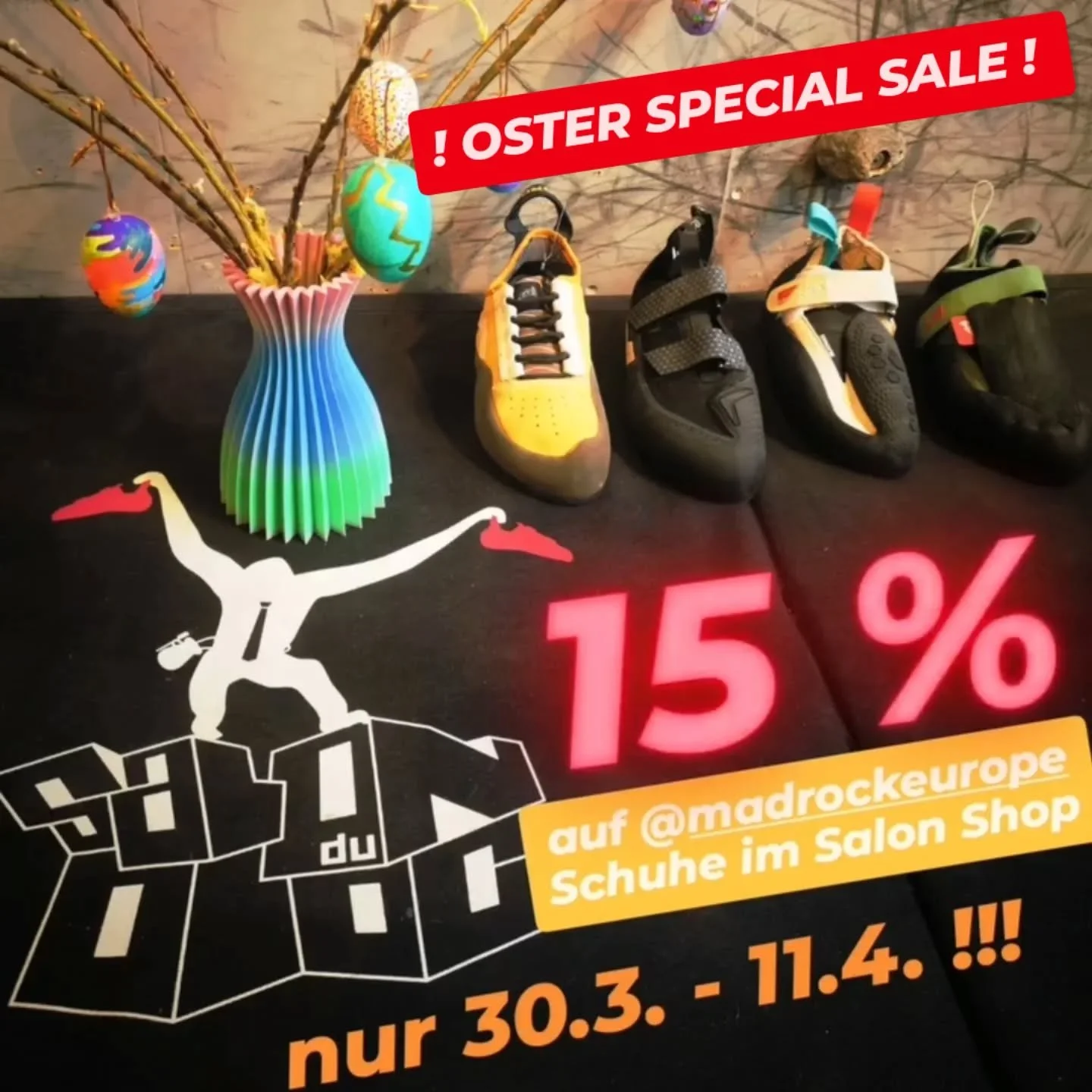 Der Osterhase meint es gut mit euch. 15% auf alle Neuware Schuhe von @madrockeurope in unserem @salondubloc Shop.

Das Angebot l&auml;uft von 30.3. bis 11.4 und ist nicht mit anderen Discounts kombinierbar.

#salondubloc #eimsb&uuml;ttel #schanzenvie