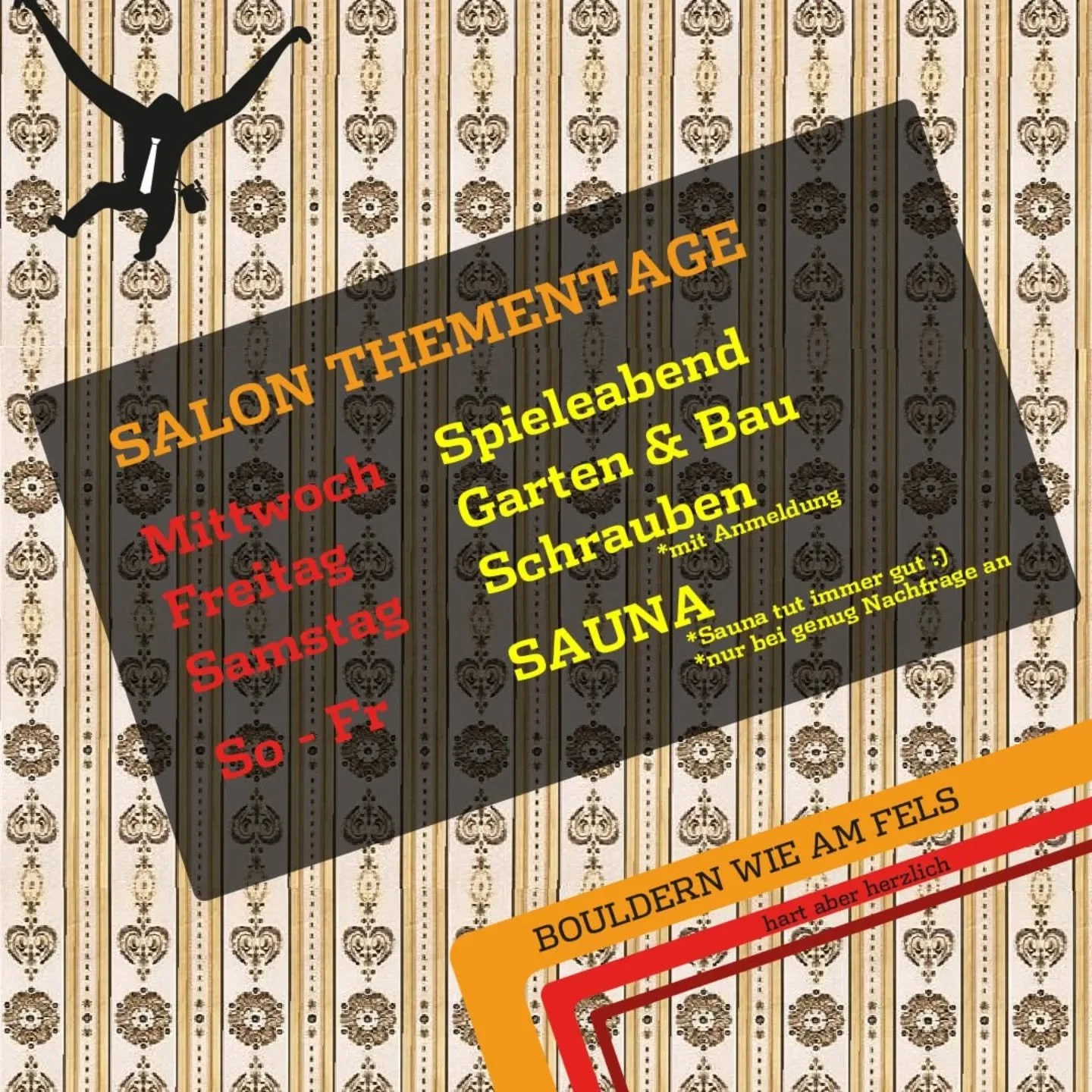 Vieles wenn nicht gar alles im @salondubloc dreht sich um das Miteinander.
Um die verschiedenen Themen geb&uuml;ndelt zu bekommen hier der aktuelle Wochen Plan.

Mo -
Di - Kinder Training
Mi - Brettspielabend (komm gerne in die Chatgruppe) 
Do - Kind