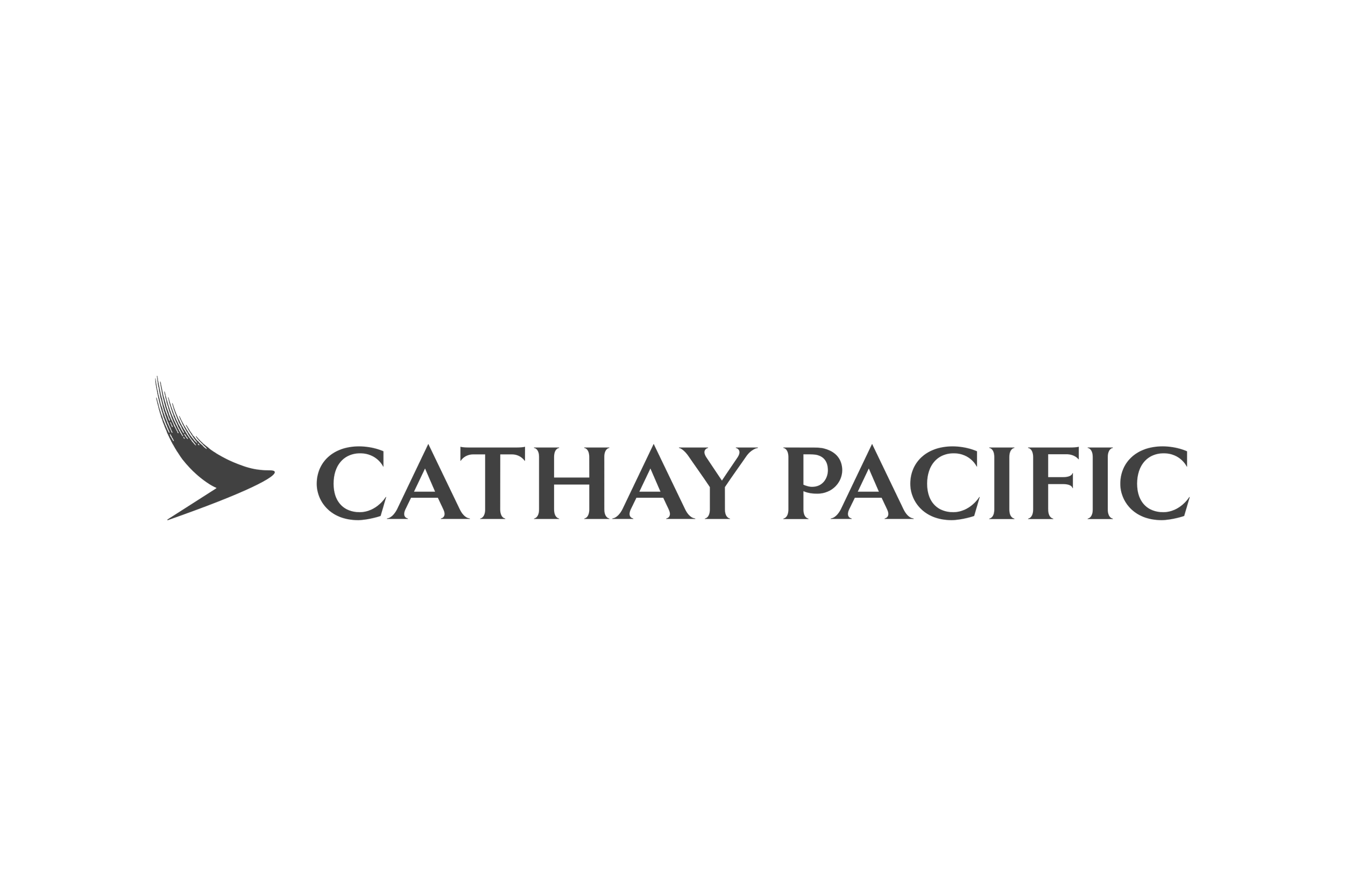 Cathay Pacific logo featuring a stylized brush wing and the text 'CATHAY PACIFIC' in gray.