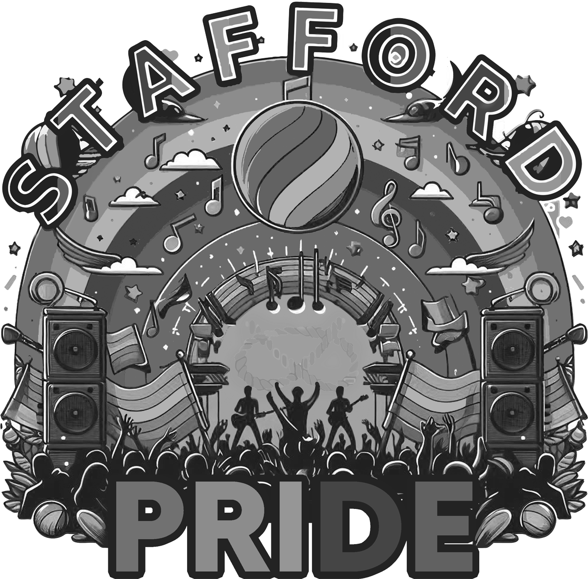 Black and white illustration of a Pride-themed concert with musical notes, speakers, a globe, and a rainbow arch. The words 'STAFFORD' are at the top and 'PRIDE' at the bottom. Silhouettes of musicians and a cheering crowd are in the foreground.