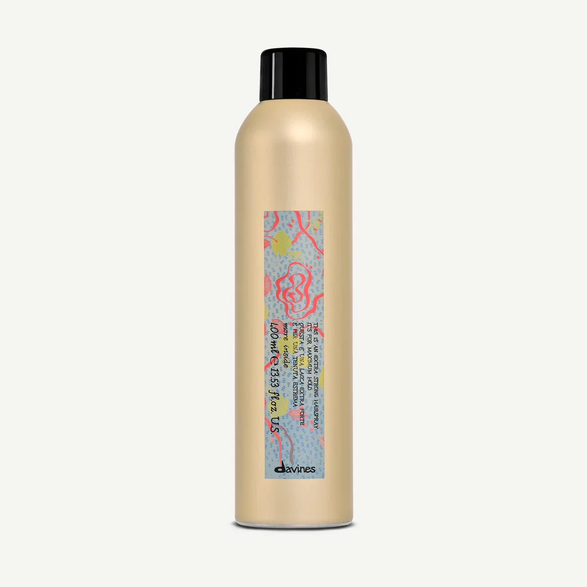 A beige spray bottle with a black cap and a colorful abstract label designed by Davines.