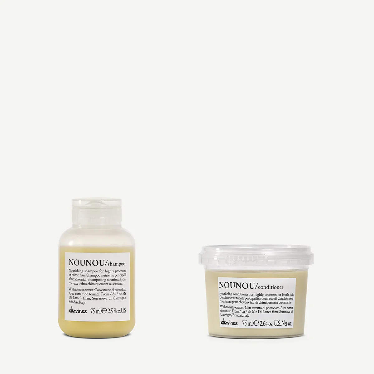 Two hair care products, a nourishing shampoo in a bottle and a nourishing conditioner in a jar, both labeled NOUNOU by Davines, placed on a white background.
