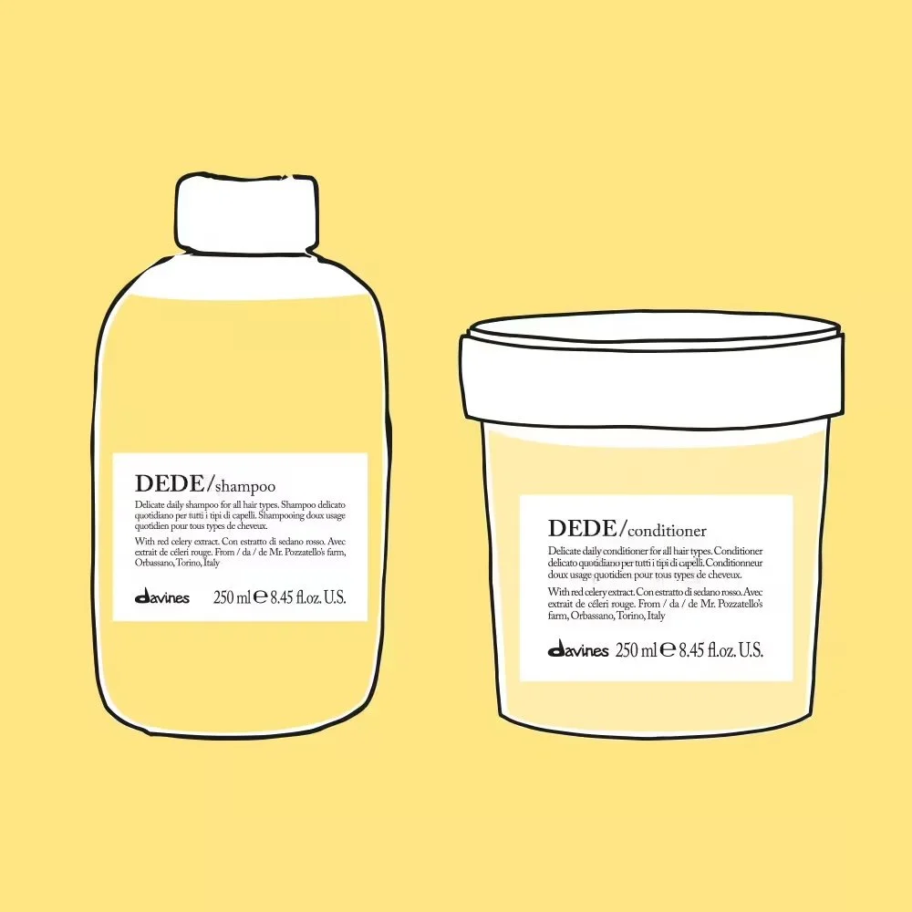 Illustration of a shampoo bottle and a conditioner tub with white labels on a yellow background.