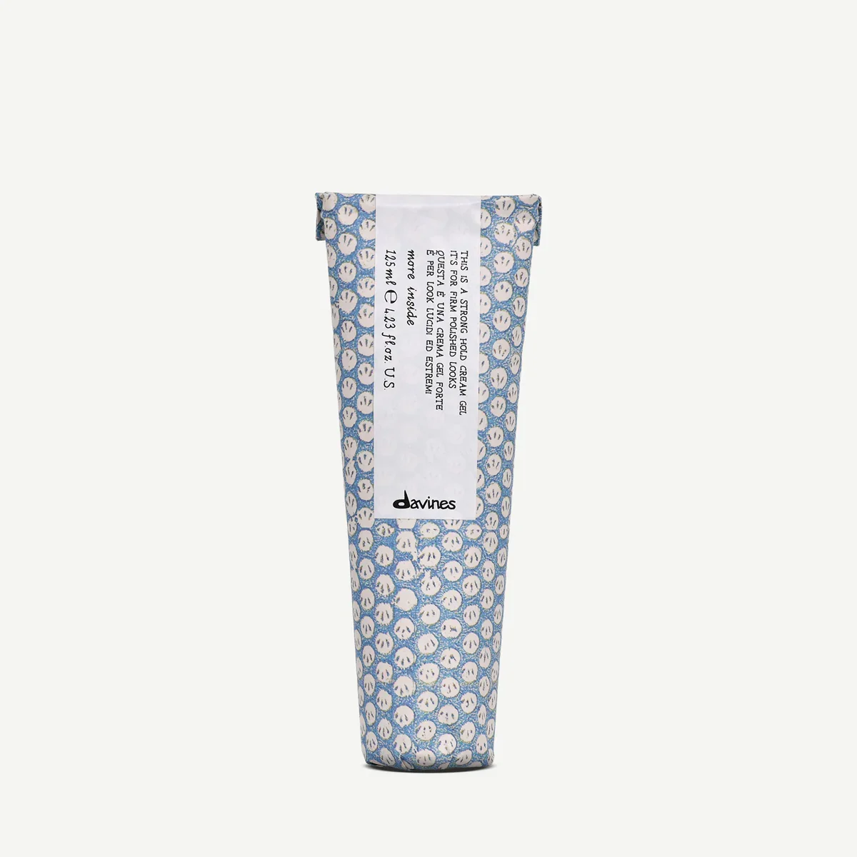A package of Davines strong hold cream gel with a patterned blue and white wrapping.