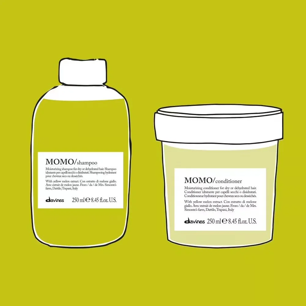 Illustration of a bottle of shampoo and a container of conditioner on a green background.