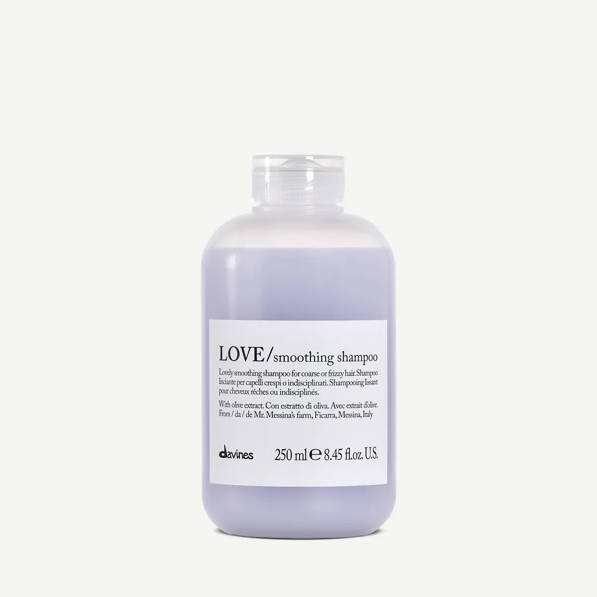 Bottle of Davines Love Smoothing Shampoo, 250 ml, with a white label and clear cap, on a plain light background.