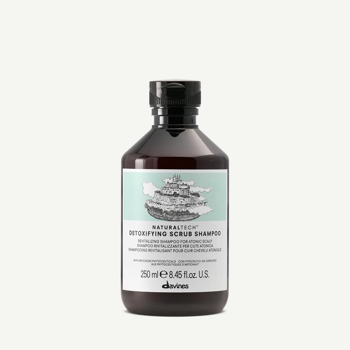 Bottle of Davines Naturaltech Detoxifying Scrub Shampoo with black label, illustration of a castle on a floating island, white label with product details, 250 ml size.