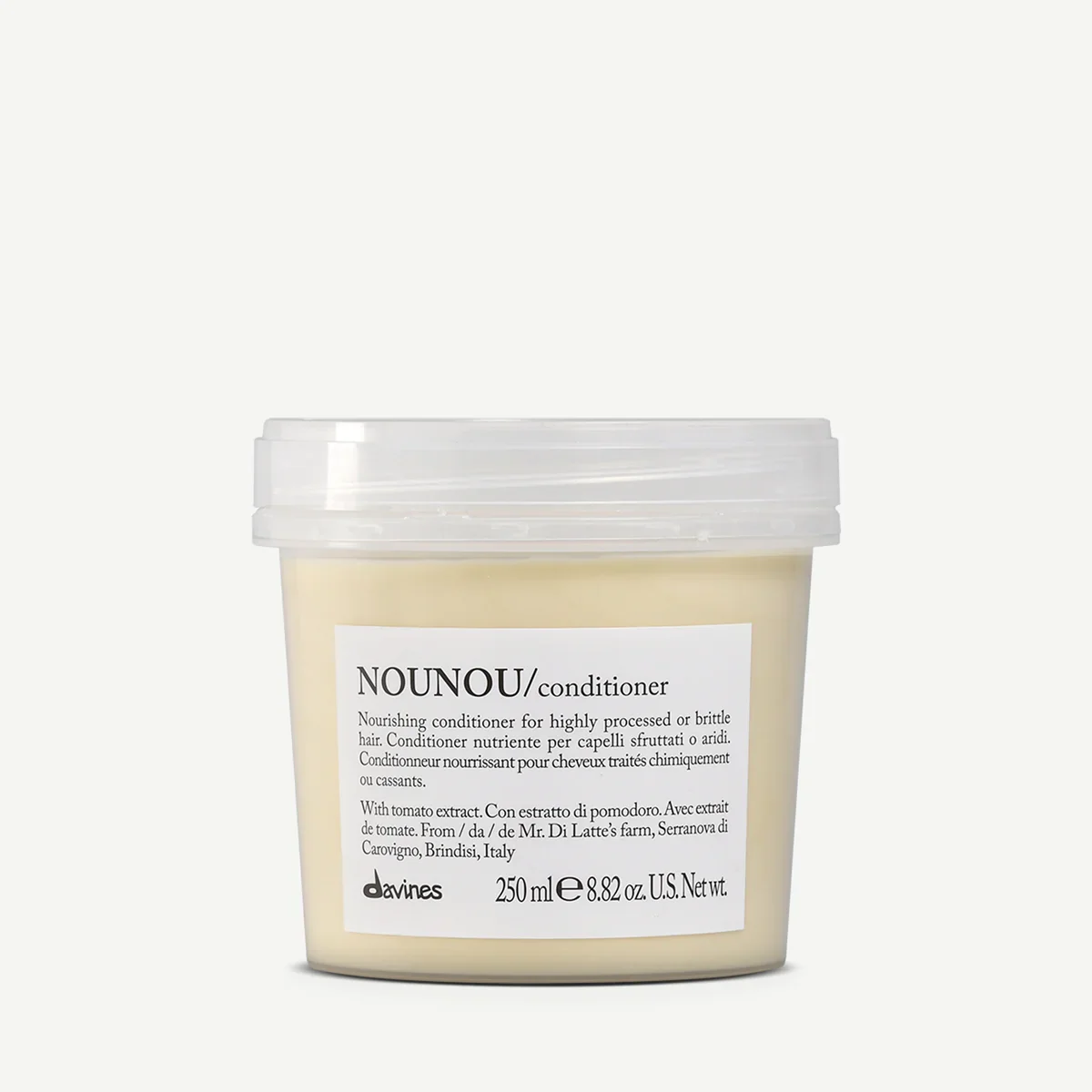 A container of Nourishing conditioner labeled 'NOUNOU' with tomato extract, from Davines, 250 ml.