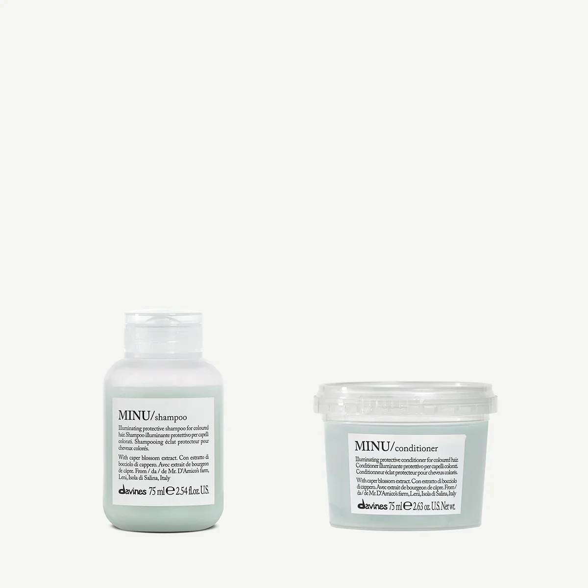 Two skincare bottles, one labeled 'shampoo' and the other 'conditioner', both by MINU, set against a plain white background.