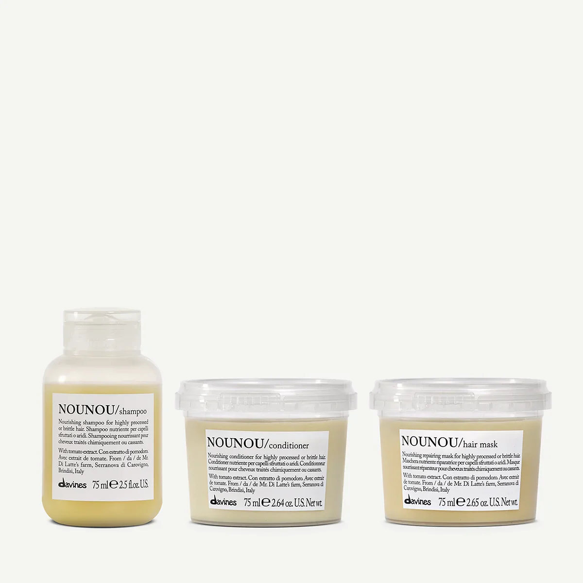 Three hair care products from the NOUNOU line, including shampoo, conditioner, and hair mask, arranged in a row against a plain background.