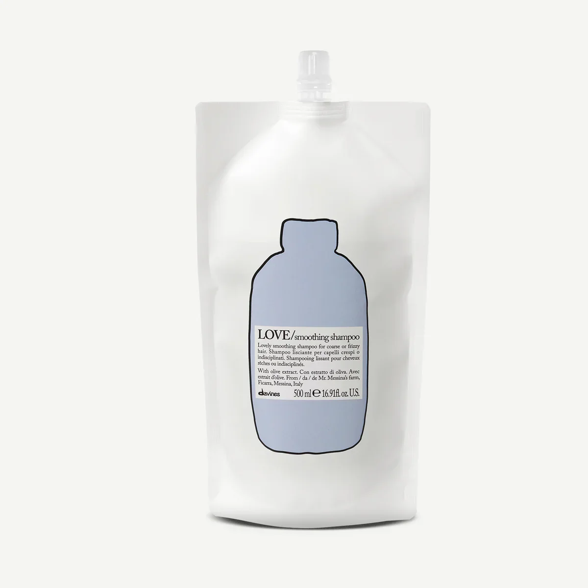 A white refill pouch of Davines LOVE smoothing shampoo with a label depicting a blue shampoo bottle outline.