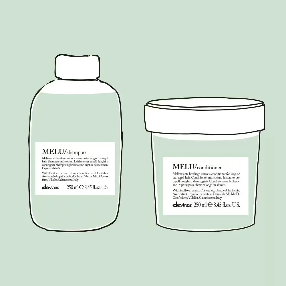 Outline illustration of a bottle of shampoo and a jar of conditioner from the brand Melu, with labels displaying product details.