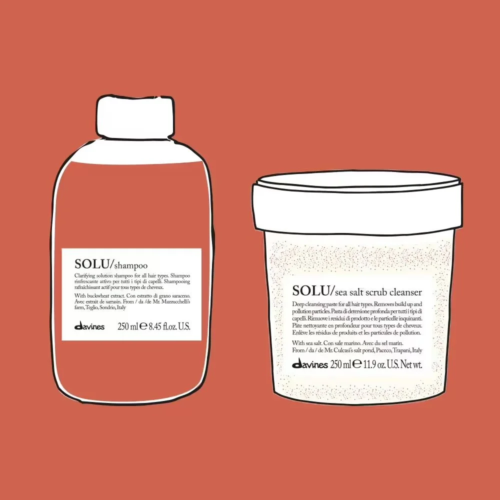 Illustration of two hair care products, a bottle of shampoo and a container of sea salt scrub cleaner, on a reddish background.
