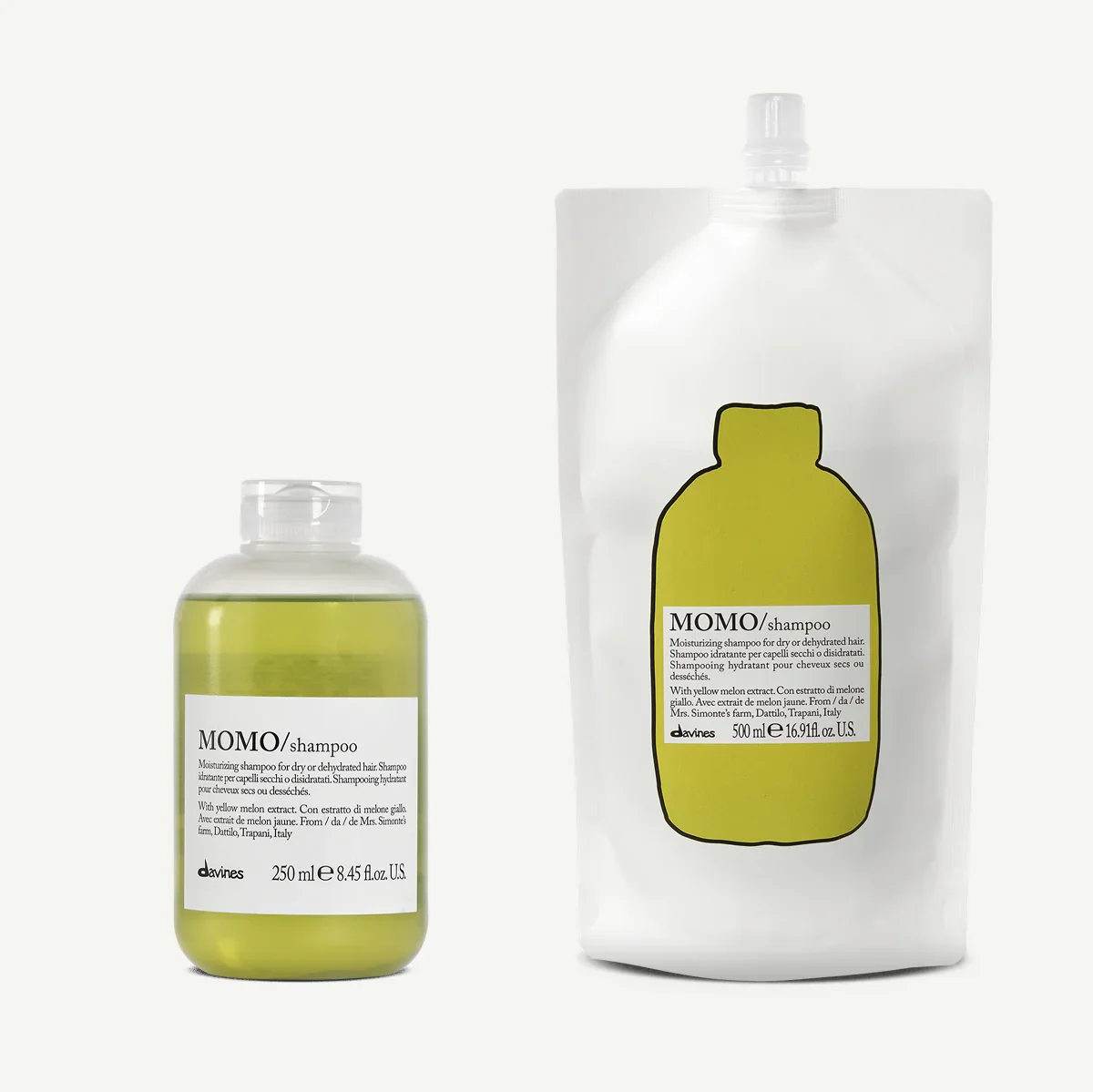 Two bottles of MOMO shampoo, one smaller and one larger, with labels featuring a yellow bottle outline, set against a plain white background.
