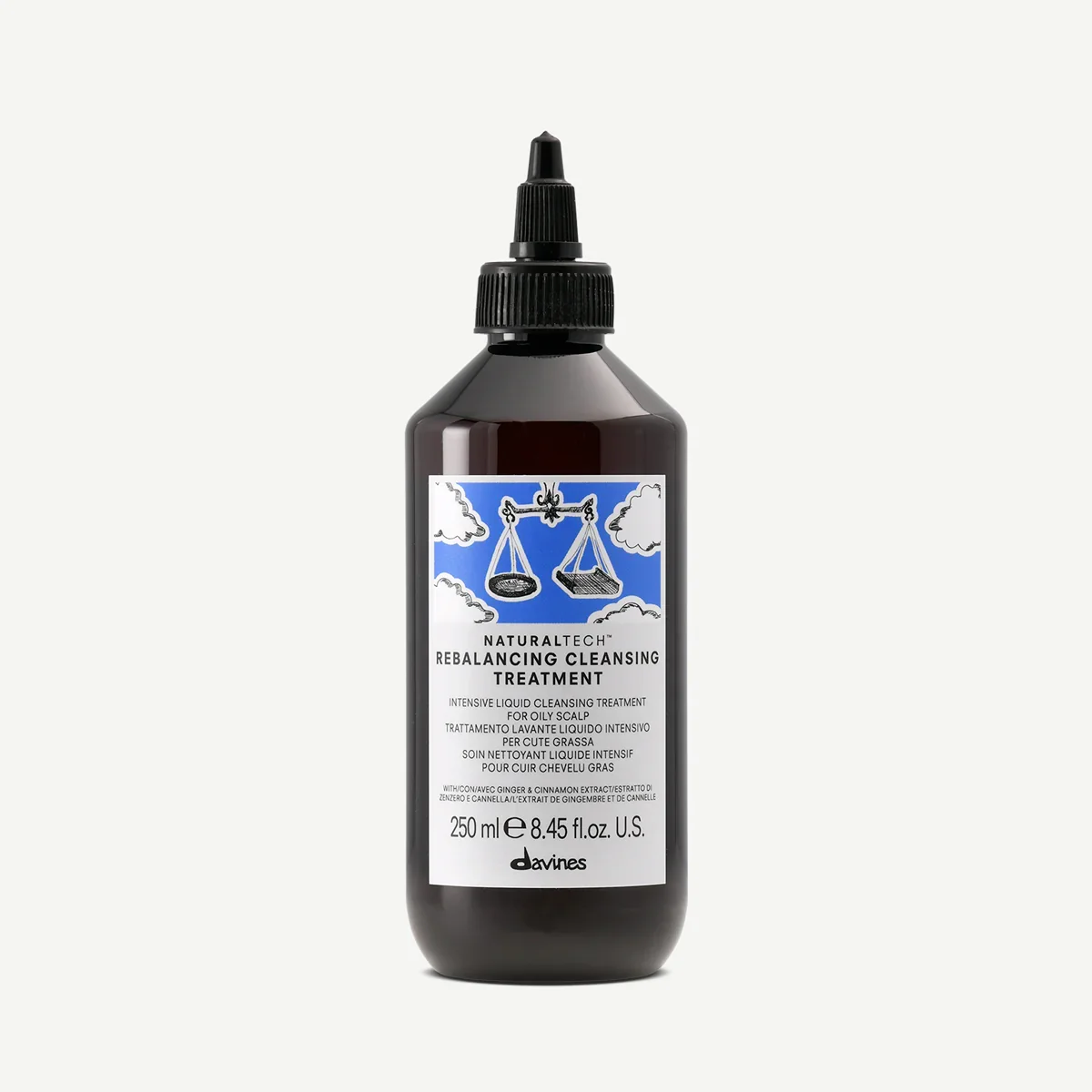 Black bottle of Rebalancing Cleansing Treatment with a white label, blue illustration of scales, and black cap, produced by Davines, for oily scalp, 250 ml.