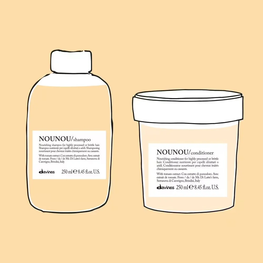 Illustration of a shampoo bottle and a conditioner tub with labels on a beige background.