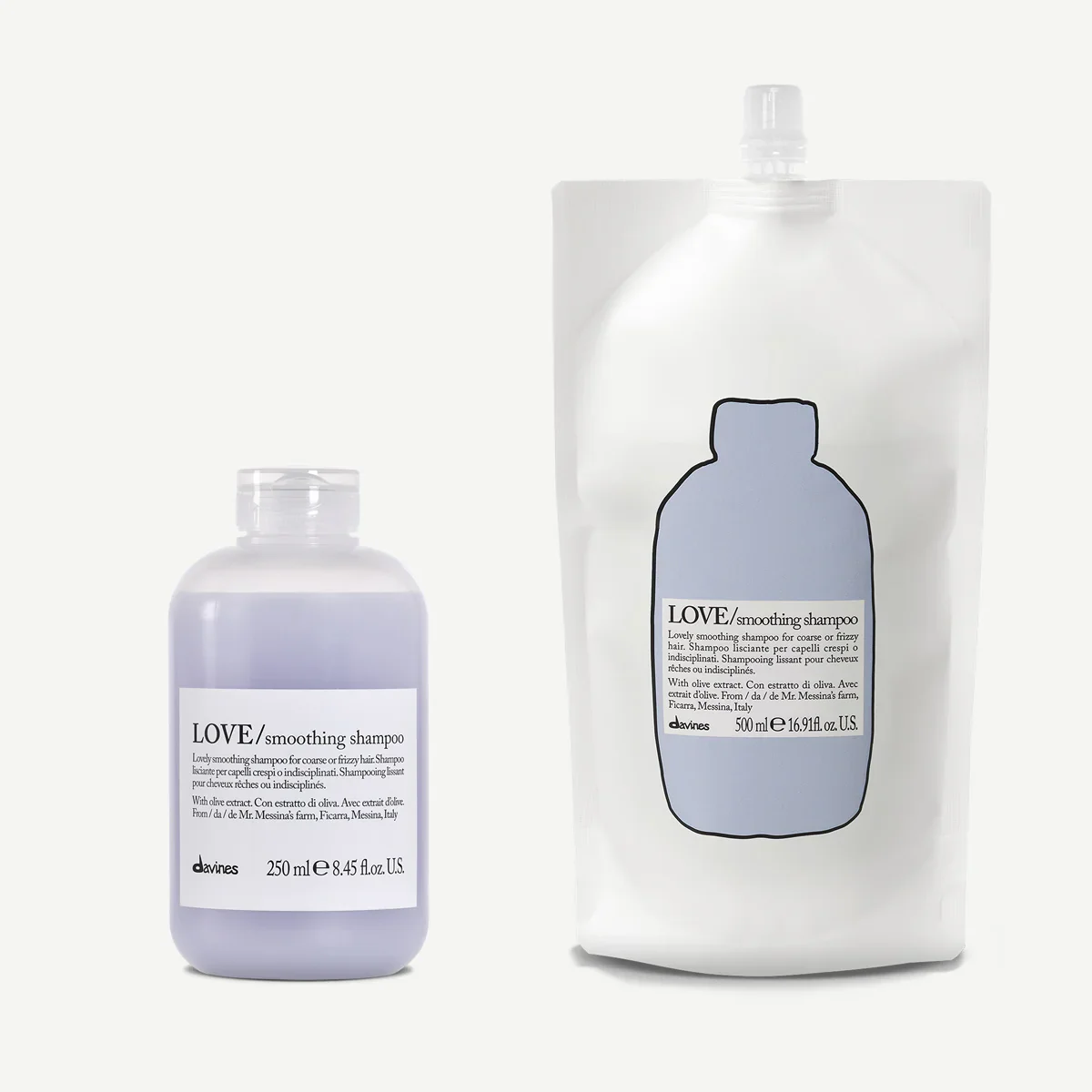 Two bottles of LOVE smoothing shampoo, one small 250 ml size and one large 500 ml size, both with white labels and black text, featuring illustrations of shampoo bottles, on a light background.