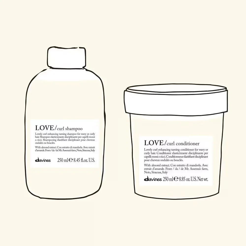 Illustration of two hair care products: a bottle of curl shampoo and a jar of curl conditioner, with minimalist line drawing style.