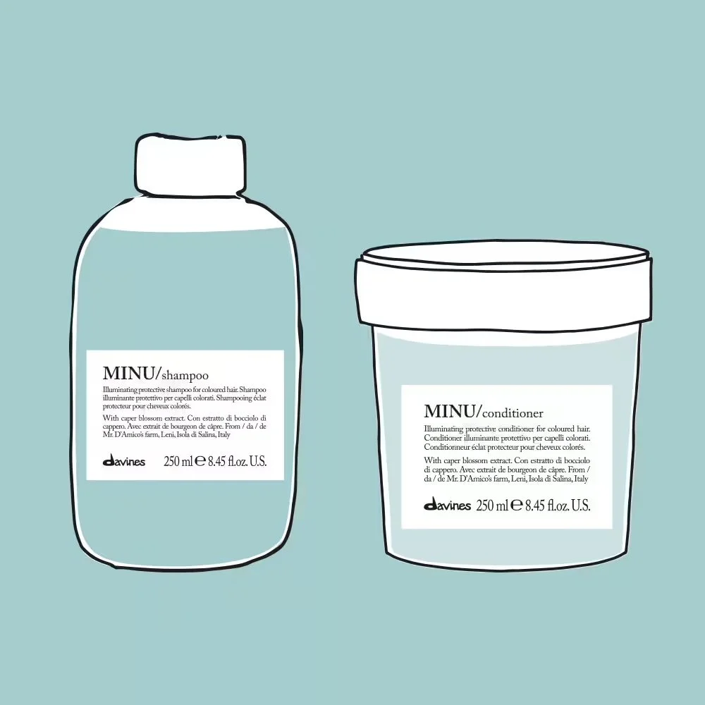 Drawing of two hair care products, a shampoo bottle and a conditioner container, against a light blue background. The shampoo bottle is on the left, and the conditioner container is on the right. Both have white labels with black text.
